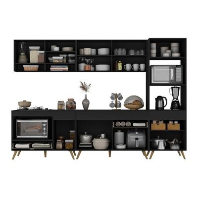Cozinha Modulada Completa Compacta 5 Peças Com Balcão Para Cooktop Veneza Multimóveis Mp2268 Preto Dourado