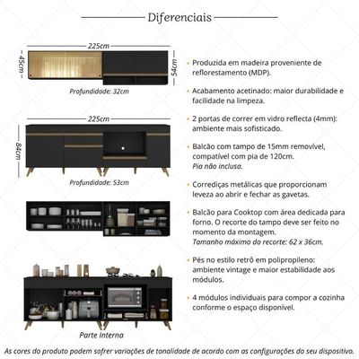 Armário De Cozinha Modulada Compacta 225cm Com Balcão Para Cooktop Veneza Multimóveis Mp2263 Preto Dourado