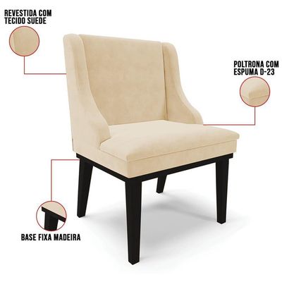 Kit 6 Cadeiras Estofadas Para Sala De Jantar Base Fixa De Madeira Preto Lia Suede Bege - Ibiza