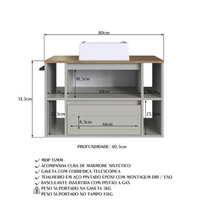 Gabinete Suspenso 80cm Mel Arena Com 4 Nichos Gaveta E Cuba BH8010MACUBA