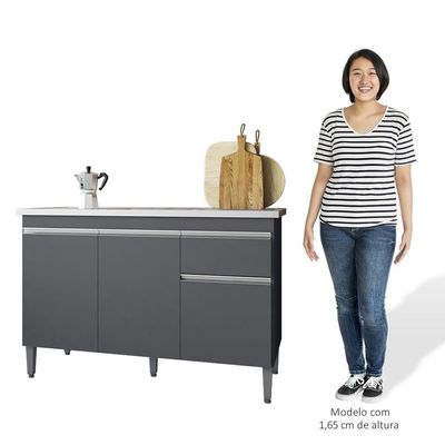 Balcão Gabinete Com Pia Inox 120cm 3 Portas E 1 Gaveta Tatiane Cinza - Ajl Móveis