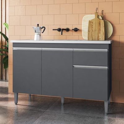 Balcão Gabinete Com Pia Inox 120cm 3 Portas E 1 Gaveta Tatiane Cinza - Ajl Móveis
