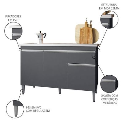 Balcão Gabinete Com Pia Inox 120cm 3 Portas E 1 Gaveta Tatiane Cinza - Ajl Móveis
