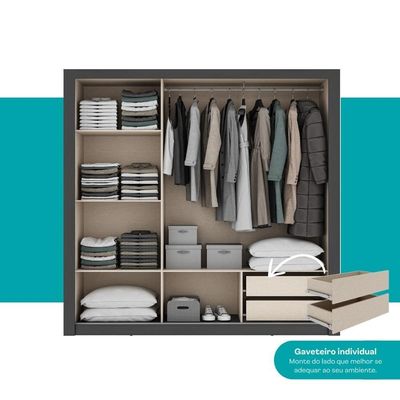Guarda Roupa Casal 3 Portas Doha Lux 2 Gavetas Carraro Ripado Preto Touch