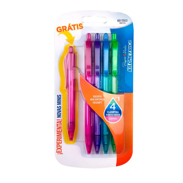 Caneta Esferográfica Papermate Km 100 Retrátil 1.0mm + Km 100 Mini com 4 Unidades - Item Sortido