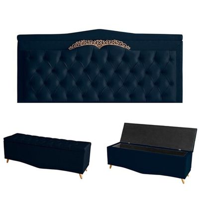 Kit Barcelona Cabeceira De Cama Painel E Calçadeira Baú King 195 Cm Suede Azul Marinho Do Lar Móveis E Decoração