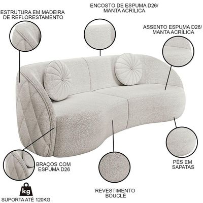 Sofá Decorativo 3 Lugares 240cm Com Almofadas E Poltrona Zion M22 Boucle Branco - Mpozenato