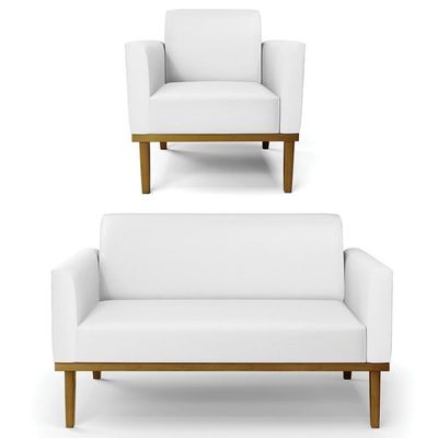 Sofá Namoradeira E 1 Poltrona Base Madeira Castanho Maressa Sintético Branco - Ibiza