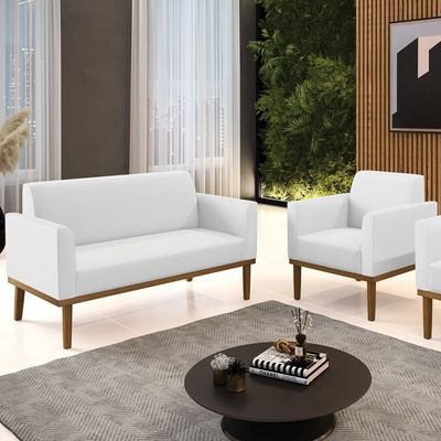 Sofá Namoradeira E 1 Poltrona Base Madeira Castanho Maressa Sintético Branco - Ibiza