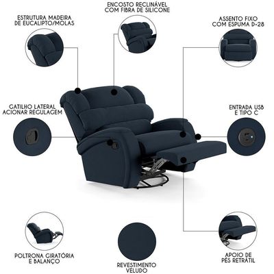 Poltrona Do Papai Reclinável Kalie Glider Giratória Usb Fh9 Veludo Azul - Mpozenato