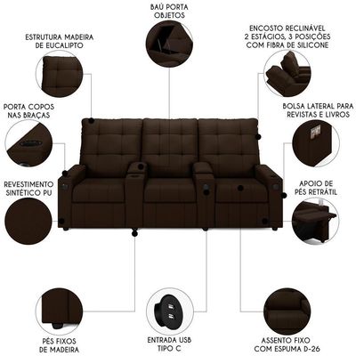 Poltrona De Cinema Reclinável 3 Lugares Baú Usb Mallie Fh9 Pu Marrom - Mpozenato