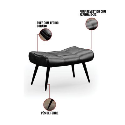 Kit 2 Puffs Decorativos Para Sala De Estar Pés Palito Lord Sintético Preto - Ibiza