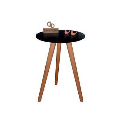 Mesa De Canto Pés Palito Amadeirado Com Tampo Vidro 35cm Preto 70cm