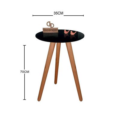 Mesa De Canto Pés Palito Amadeirado Com Tampo Vidro 35cm Preto 70cm