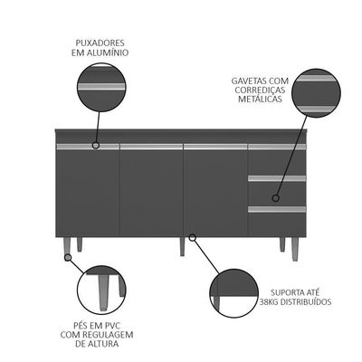 Balcão Gabinete Para Pia 150cm 3 Portas Andréia Cinza - Ajl Móveis