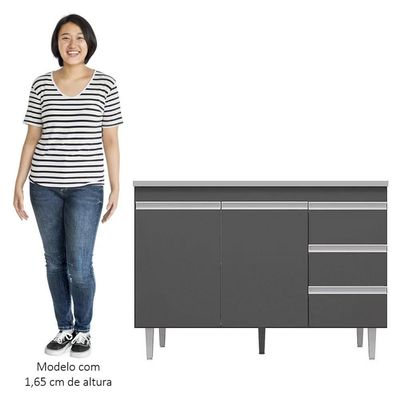 Balcão De Cozinha Com Pia Inox 100cm 3 Gavetas Andréia Cinza - Ajl Móveis