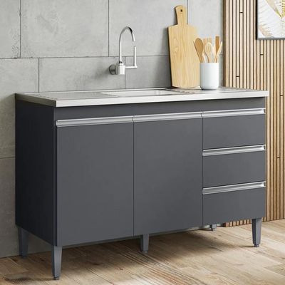 Balcão De Cozinha Com Pia Inox 100cm 3 Gavetas Andréia Cinza - Ajl Móveis