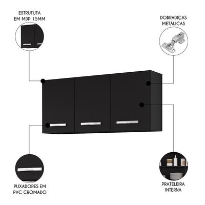 Armários De Cozinha Aéreo 3 Portas 120cm Kit 2 Honduras Preto - Lumil