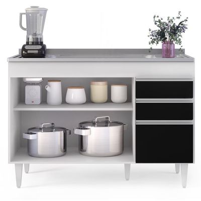 Balcão Gabinete Com Pia Inox 120cm Michigan Branco-preto - Lumil