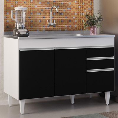Balcão Gabinete Com Pia Inox 120cm Michigan Branco-preto - Lumil