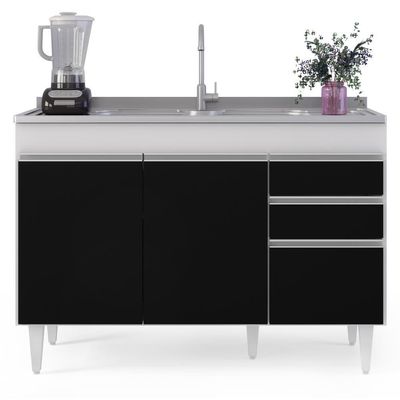 Balcão Gabinete Com Pia Inox 120cm Michigan Branco-preto - Lumil