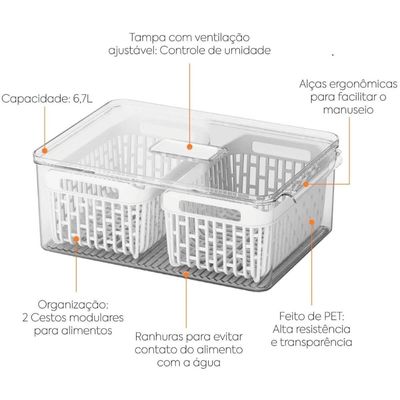 Organizador Caixa de Geladeira 6,7L 2 Cestos Escorredores Coza Dry Vegetais Frutas
