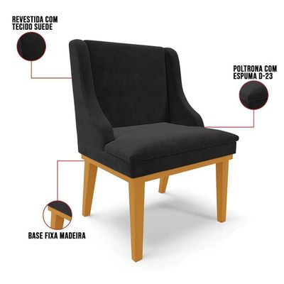 Kit 4 Cadeiras Estofadas Para Sala De Jantar Base Fixa De Madeira Castanho Lia Suede Preto - Ibiza
