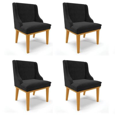 Kit 4 Cadeiras Estofadas Para Sala De Jantar Base Fixa De Madeira Castanho Lia Suede Preto - Ibiza