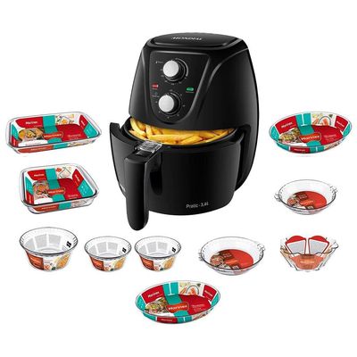 Fritadeira Elétrica Sem Óleo Air Fryer Mondial AF-36-FB 3,6L - Preta + 10 Travessas Refratárias Marinex em Vidro Preto / 220V