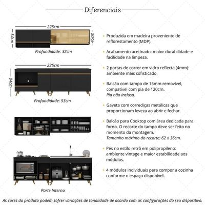 Armário De Cozinha Modulada Compacta 225cm Com Balcão Para Cooktop Veneza Multimóveis Mp2265 Preto Dourado