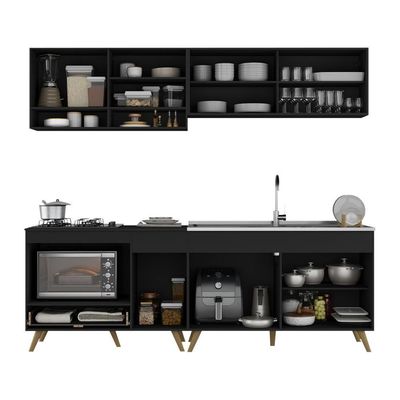Armário De Cozinha Modulada Compacta 225cm Com Balcão Para Cooktop Veneza Multimóveis Mp2265 Preto Dourado