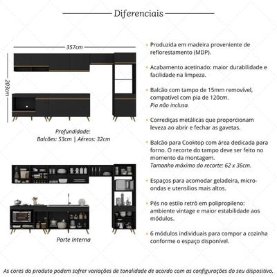 Armário De Cozinha Modulada Completa 6 Peças Com Balcão Para Cooktop Veneza Multimóveis Mp2273 Preto Dourado