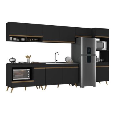 Armário De Cozinha Modulada Completa 6 Peças Com Balcão Para Cooktop Veneza Multimóveis Mp2273 Preto Dourado