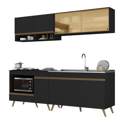 Armário De Cozinha Modulada Compacta 225cm Com Balcão Para Cooktop Veneza Multimóveis Mp2265 Preto Dourado