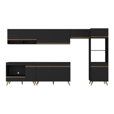 Armário De Cozinha Modulada Completa 6 Peças Com Balcão Para Cooktop Veneza Multimóveis Mp2273 Preto Dourado