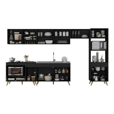 Armário De Cozinha Modulada Completa 6 Peças Com Balcão Para Cooktop Veneza Multimóveis Mp2273 Preto Dourado