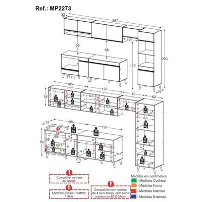 Armário De Cozinha Modulada Completa 6 Peças Com Balcão Para Cooktop Veneza Multimóveis Mp2273 Preto Dourado