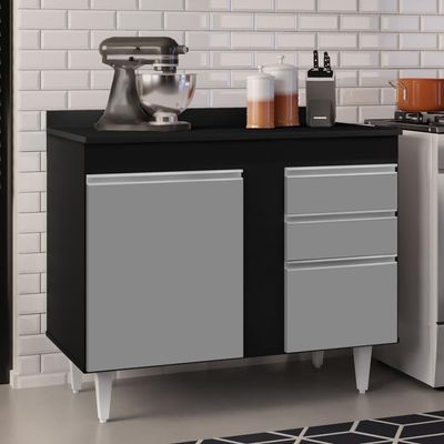 Balcão Gabinete 100cm Com Tampo 2 Portas Luziania Preto-cinza - Lumil