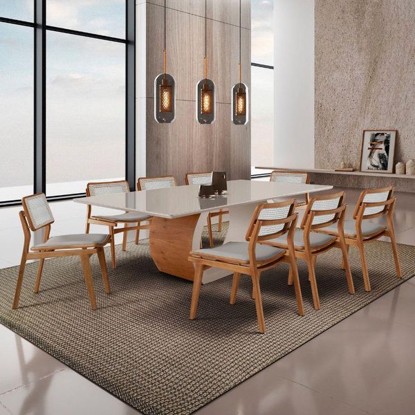 Sala De Jantar Mesa Ellis Com 8 Cadeiras Eva Premium Luna Off White Imbuia Nat