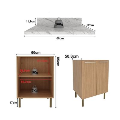 Balcão De Cozinha Com Tampo E 2 Portas 60cm Multimóveis Cr20461 Freijó Mármore Branco