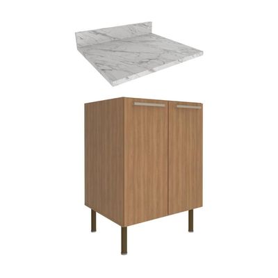 Balcão De Cozinha Com Tampo E 2 Portas 60cm Multimóveis Cr20461 Freijó Mármore Branco