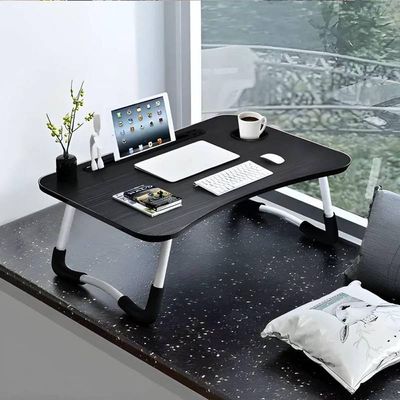 Mesa De Colo Preta Portátil Dobrável Suporte Copo E Tablet