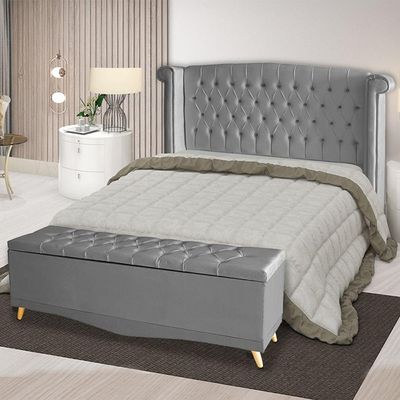 Kit De Quarto Cabeceira De Cama Box E Calçadeira Baú Toquio Casal Queen 160 Cm Suede Prata Do Lar Móveis E Decoração