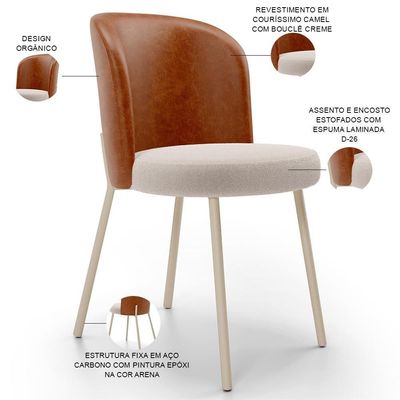 Kit 3 Cadeiras Sala De Jantar Estofada Gavi Arena L02 Couríssimo Camel Bouclê Creme Lyam Decor