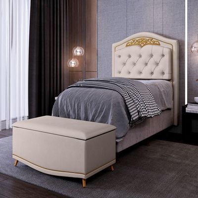 Cabeceira Cama Solteiro 90cm Com Calçadeira Baú Imperial J02 Veludo Bege - Mpozenato