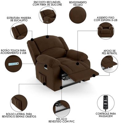 Poltrona Do Papai Reclinável Pietra Elétrica Led Massagem Fh9 Veludo Marrom - Mpozenato