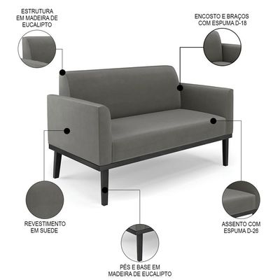 Sofá Namoradeira E 1 Poltrona Base Madeira Preto Maressa Suede Grafite - Ibiza