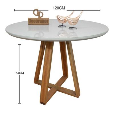 Mesa Jantar Base X Tampo Redondo Laca Com Vidro 120cm Off White