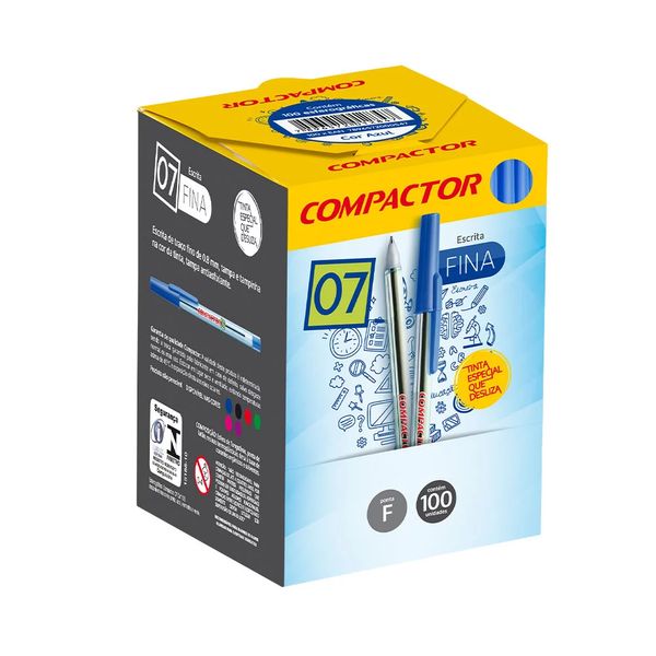 Caneta Esferográfica Compactor Ponta Fina 0.7mm Azul com 100 Unidades