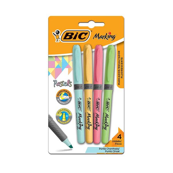 Marcador de Texto Bic Marking Grip Emborrachado 4 Cores Tons Pastel, Amarelo, Rosa, Azul e Verde Marcador de Texto Bic Marking Grip Emborrachado 4 Cores Tons Pastel, Amarelo, Rosa, Azul e Verde